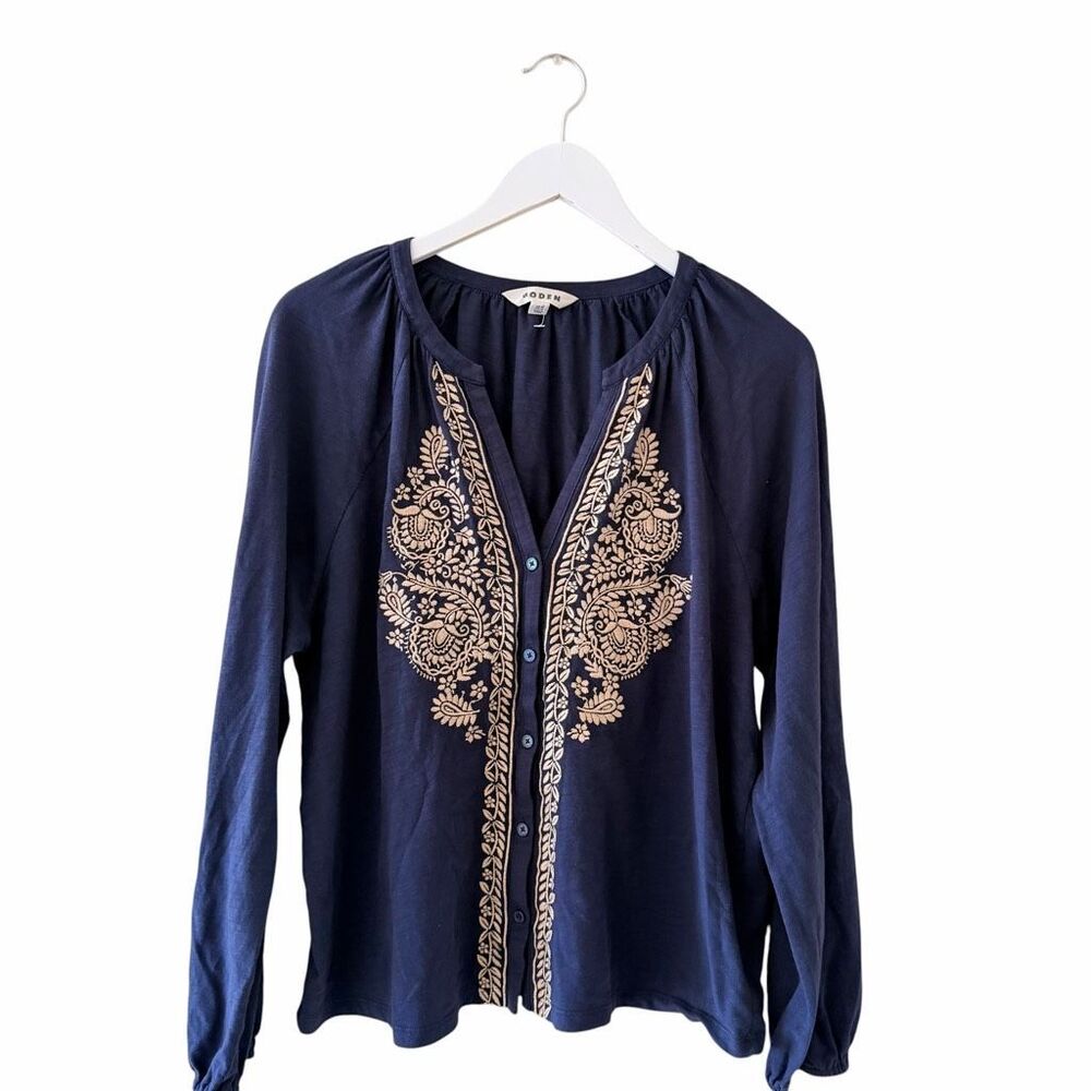 Boden Alma Embroidered Long Sleeves Lightweight Cotton Elastic Cuffs Navy Boho F